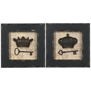 Set of 2. Antique black finish frames. Three dimensional crown and key