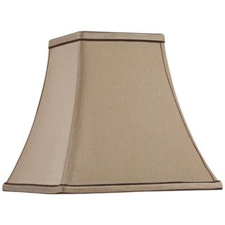 Tan fabric shade. Brown trim. Polished brass spider fitting. 5 1/4