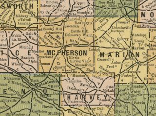 Kansas Authentic 1889 Map Showing Counties Cities Topography Railroads