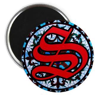 This design features the letter S in Old English script framed by a