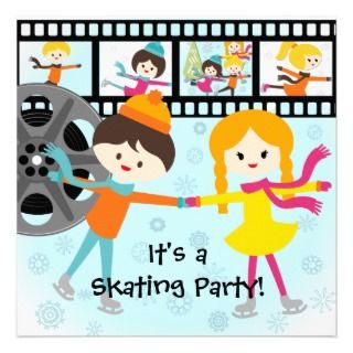Black Hair Girl Ice Skating Party Invitations