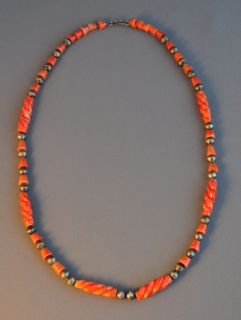 Vintage Navajo Carved and Silver Bead Necklace 29 1 2