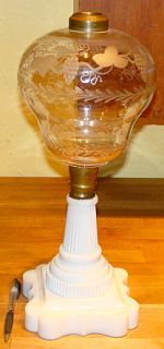 Large Antique Cut Engraved Font Milk Glass Base Kerosene Lamp