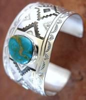 Native Navajo Sterling Silver Turquoise Kiva Bracelet