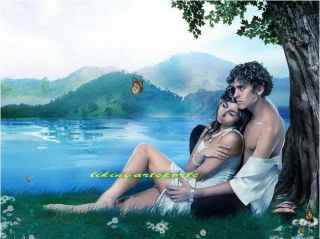 Wonderful Painting The Couple Sitting by Beautiful Lake