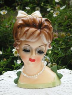 Gorgeous RARE Vintage Enesco Lady Head Vase Necklace Girl with