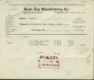 Bugle Toy Mfg Providence RI invoice 1932 bell rattlers, crickets, nose