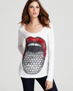 Lauren Moshi New Diamond Lips White Embellished Graphic Casual Top T
