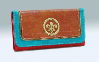 New Ustyle Color Block Fleur de Lis Checkbook Wallet Brown Turquoise