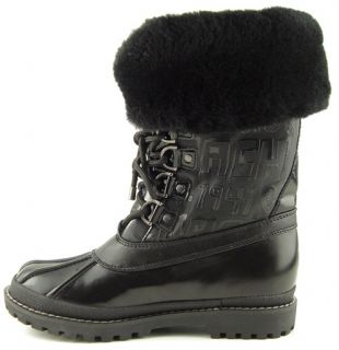 Coach Leonora Black Nylon Leather Lace Up Fur Cuff Womens Winter Boots