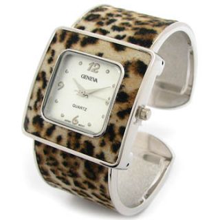 Silver Faux Leopard Suede Square Face Womens Bangle Cuff Watch