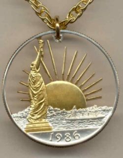 Gold Silver Cut Coin U s Statue of Liberty Necklace with No Bezel