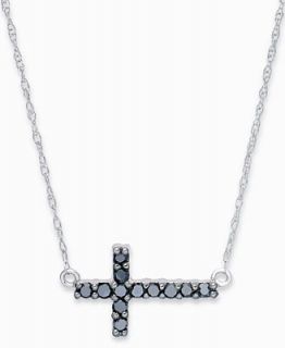 Diamond Necklace, 14k White Gold Black Diamond Sideways Cross Pendant