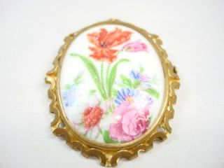 Vintage Victorian Pin Porcelain Limoges Brooch Flowers Prass Frame