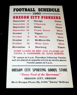 Oregon City High School Pioneers 1960 Football Schedule
