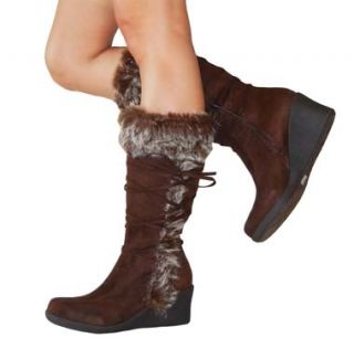 Stylish Faux Fur Cuff Suede Lace Mid Calf Wedge Boots