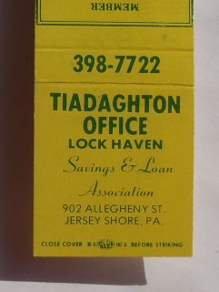 1970s Matchbook Tiadaghton Lock Haven Savings Loan Association Jersey