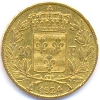 1824 Gold 20 Francs Louis XVIII France Very Scarce