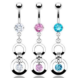 Steel Double Gem Loops Belly Navel Ring Dangle Button Piercing Jewelry