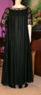Vintage Lucie Ann Lingerie BLACK Lace GOLD Label Nightgown + Peignoir