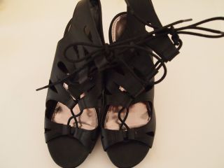 New MIA Black Leather Lace Up Cut Out Wedge Heels Size 9 5