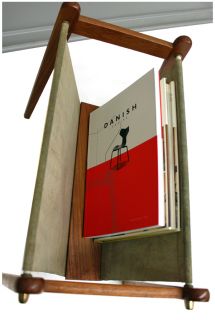 Midcentury Modern German Teak Leather News Magazine Rack Post Art Deco