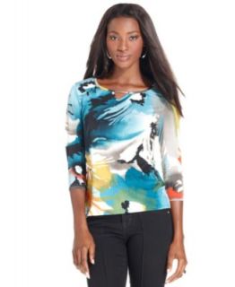 Style&co. Petite Top, Three Quarter Sleeve Printed Ruched