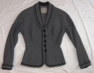 Press Vtg 40s 50s Wool Gray Black Velvet Trim Suit Jacket Skirt