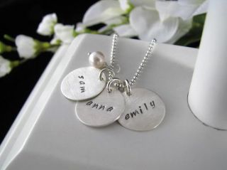 Silver Stamped Personalized 3 Charms Initial Name Mom Necklace