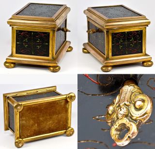 French Pietra Dura Bronze Jewelry Casket Box Painted Marble