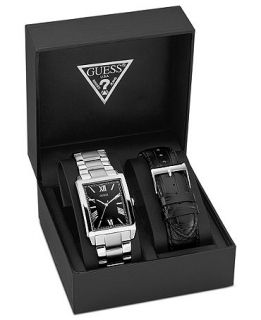 GUESS Watch Set, Mens Stainless Steel Bracelet and Black Leather