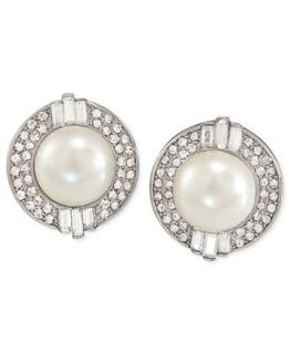 Carolee Earrings, Silver Tone Glass Pearl and Crystal Clip On Earrings