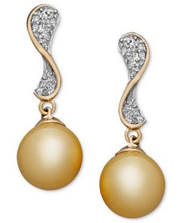 and Diamond Earrings, 14k Gold Cultured Golden South Sea Pearl (10 11