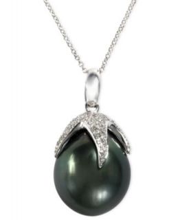 14k White Gold Necklace, Cultured Tahitian Pearl (12 13mm) and Diamond