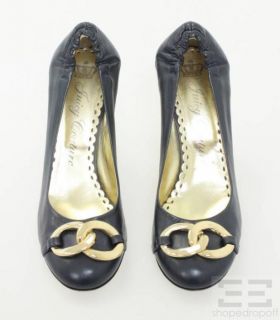 Juicy Couture Navy Blue Leather Gold Ring Mariska Heels Sz 9M