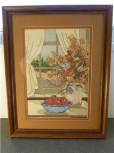 1984 Hand Cross Stitched Dried Flowers Apples Fall Autumn Window Scene