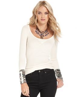 Free People Top, Long Sleeve Scoop Neck Printed Cuff Studded Thermal