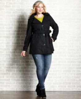Dollhouse Plus Size Coat, Faux Fur Hood Single Breasted Belted