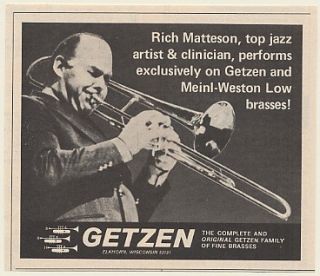 1975 Rich Matteson Getzen Trombone Photo Print Ad