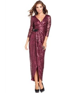 Jessica Simpson Dress, Three Quarter Sleeve Sequin Faux Wrap Gown