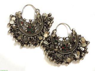 Kuchi Gypsy Silver Crescent Earrings Glass Inlays Afghanistan