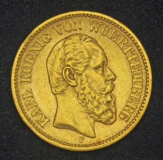 1876 Kingdom of Wurttemberg Charles I Gold 20 Mark Coin aXF