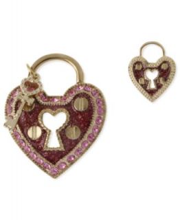 Betsey Johnson Brooch Set, Antique Gold Tone Pink Glitter Heart Lock