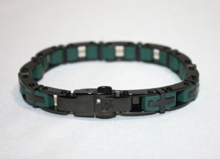 Simmons Stainless Steel Black IP Bracelet Green Rubber Diamond Accent