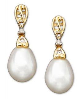 Pearl and Diamond Earrings, 14k Gold Cultured Freshwater Pearl and