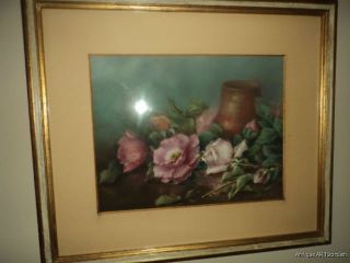 VINTAGE Victorian Style Pastel Painting of PINK & White ROSES Listed J