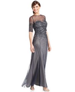 Adrianna Papell Dress, Elbow Sleeve Sequined Beaded Gown
