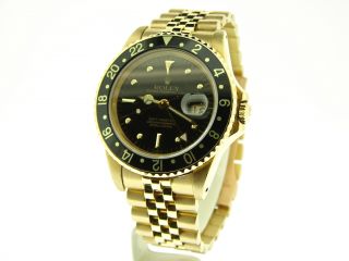 Mens Rolex Solid 18K Yellow Gold GMT Master Date Watch Black 16758