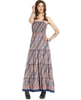 Free People Dress, Sleeveless Straight Neck Printed Tiered Maxi