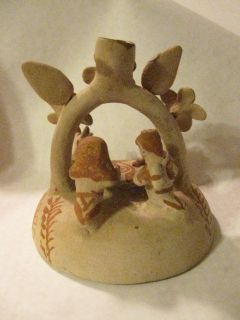 Mexican Tree of Life Pottery Candlestick Holder Nativity Scene Flowers